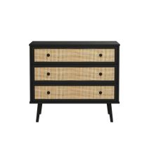 Cómoda de 3 Cajones con Patas de Madera - Negro y Natural - 90x39x79 cm - Mueble de Almacenamiento para Dormitorio