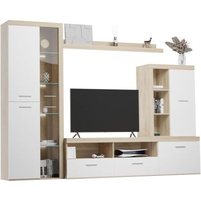 Mueble de Salón Moderno con Leds, Acabado en Cambria, 260x191 cm