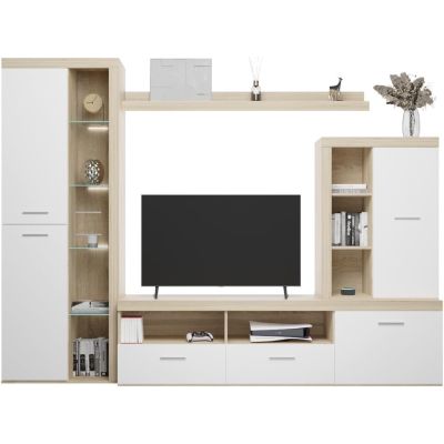 Mueble de Salón Moderno con Leds, Acabado en Cambria, 260x191 cm