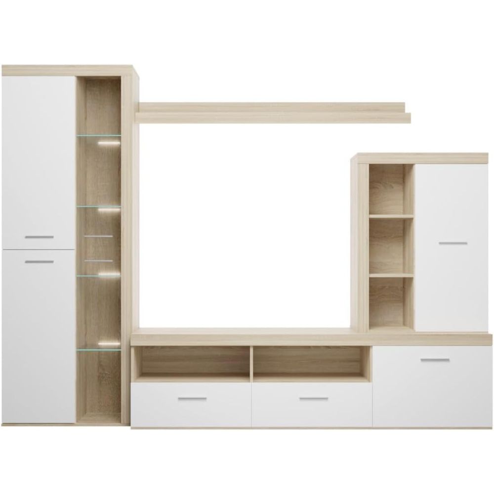 Mueble de Salón Moderno con Leds, Acabado en Cambria, 260x191 cm