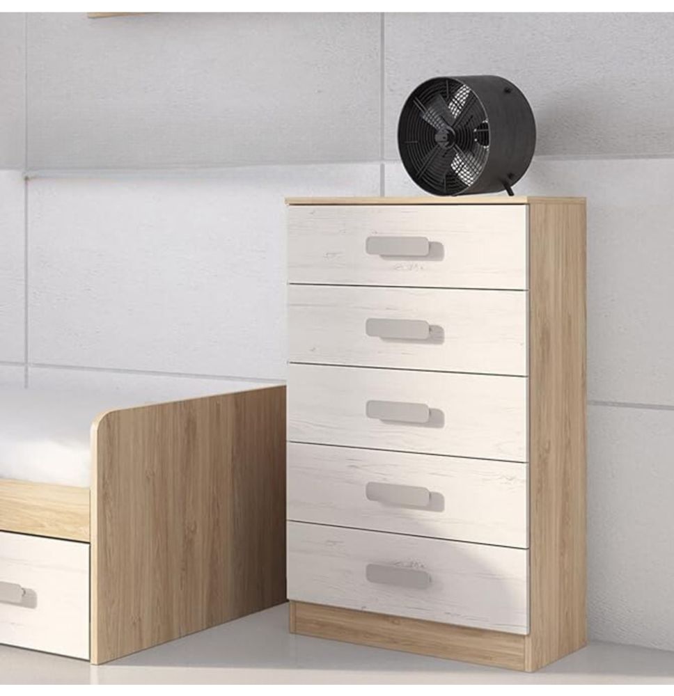 Meyvaser -Sinfonier 5 Cajones, Cómoda, Acabado en Roble y Blanco, Medidas: 60 cm (An) x 108,5 cm (Al) x 38 cm de (Fon)