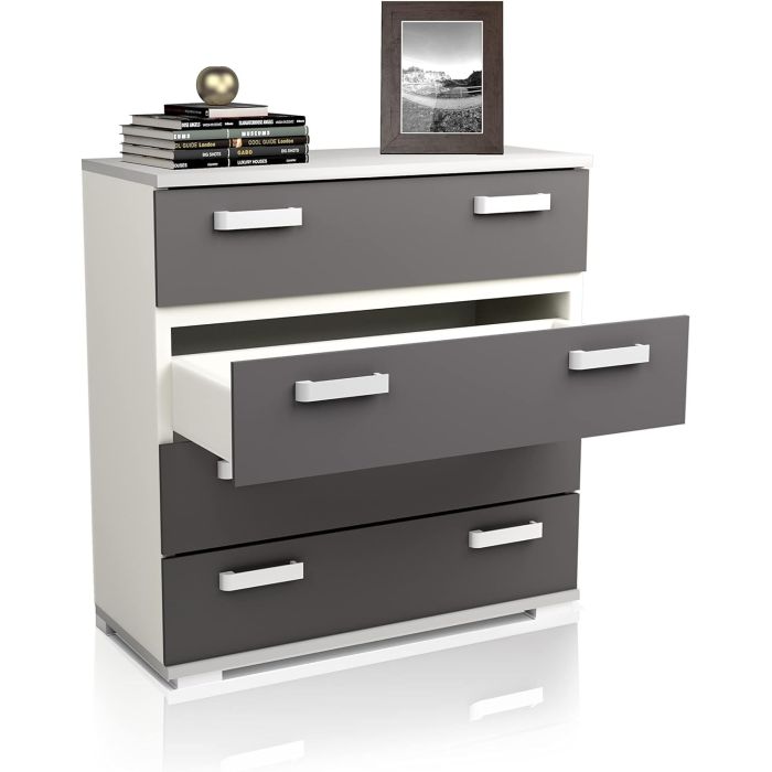 Comoda 4 Cajones, Color Blanco y Grafito, Medidas: 89 cm (Largo) x 89,6 cm (Alto) x 39,6 cm de (Fondo) Meyvaser
