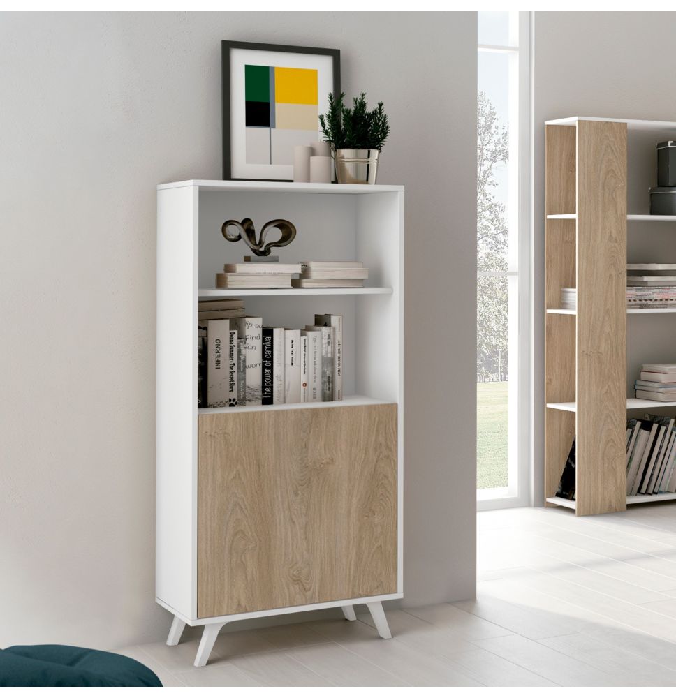 Mueble Bar para Salón o Comedor, Aparador de Cocina, Color Blanco-Roble, Medidas: 60 cm (An) x 135 cm (Al) x 40 cm (Fon)