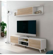 Mueble de TV de Diseño Nórdico + Modulo Alto,2 Estantes y 2 Puertas,Cambrian-Blanco, 49cm(Al) x 180cm (An) x 40cm (Fon)