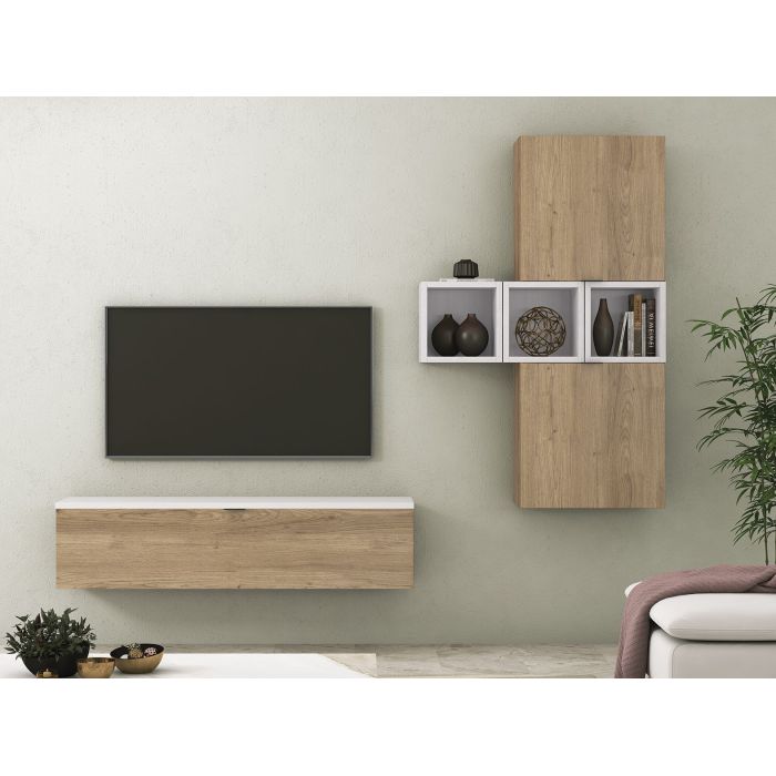 Meyvaser Mueble de salón y TV Conjunto muebles de salón apilable 245 Cm Ancho Color Madera y Blanco