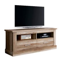 Mueble TV, Mesa de televisión 2 Puertas y 2 Estantes, Acabado en Color Cañón, Patas de Madera, 135 cm Lar x 56,6 cm Al x 41,5 Cm