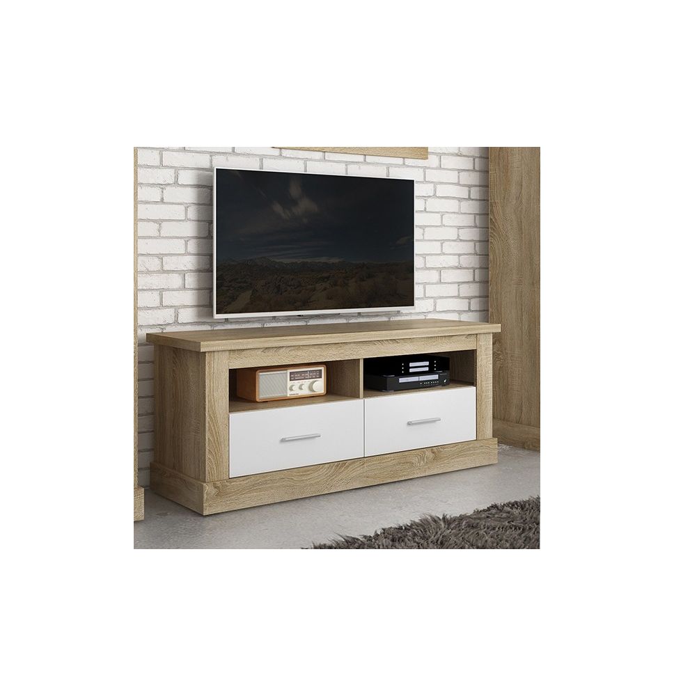Mueble TV,Mesa de televisión 2 Puertas y 2 Estantes, Acabado en Cambria y Blanco, Patas de Madera, 135 cm Lar x 56,6 cm Al