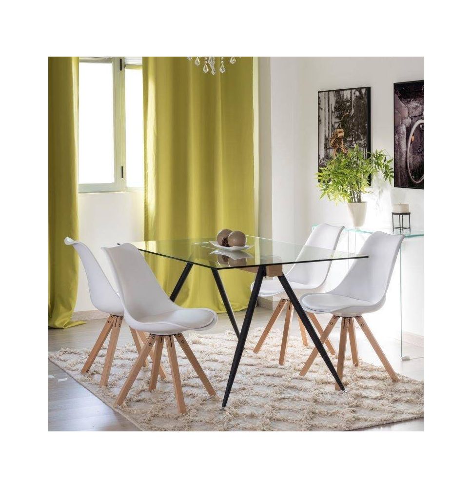 Mesa de Comedor de Cristal Templado - Patas Metálicas Negras y Travesaño de Madera | Diseño Moderno | 140x90 x 75 cm