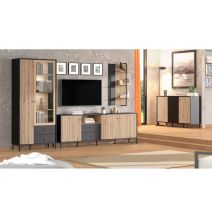 Mueble TV en Roble Artisan y Negro con 3 Puertas, 1 Hueco y 2 Cajones - Medidas 208x40x73,5 cm