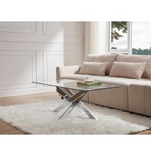 Mesa de Centro con Tapa de Cristal Templado de 8 mm y Patas Metálicas Cruzadas en Acabado Crema -  Medidas 110x55x45 cm