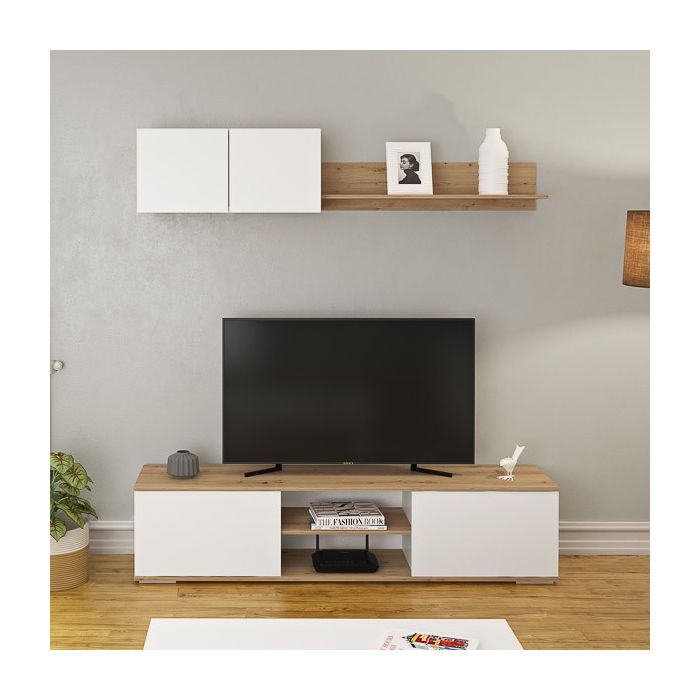Mueble Salón Comedor 2 Módulos y 1 Estantería con puertas Color Blanco Y roble Estilo Moderno 180x80x40 Cm