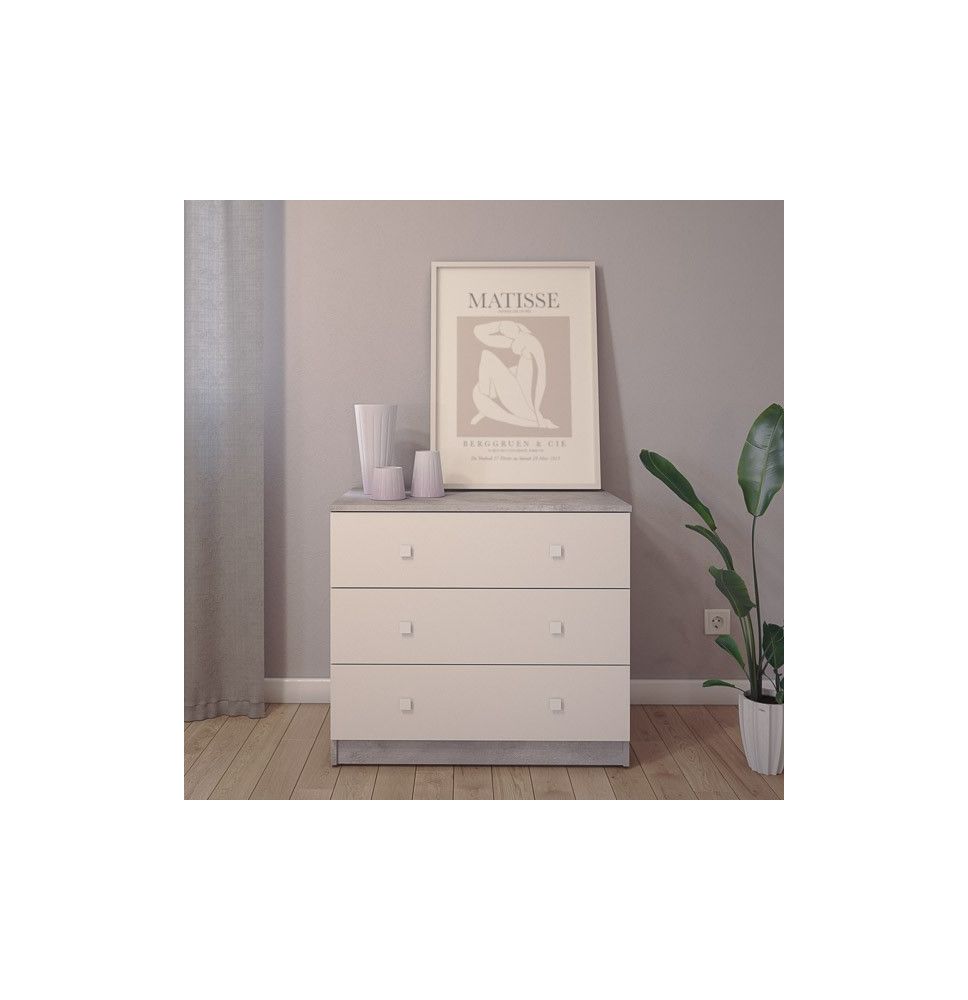 Cómoda con 3 Cajones, para Dormitorio, Acabado en Color Cemento Blanco, Medidas: 80 cm (Ancho) x 70 cm (Alto) x 48 cm (Fondo)