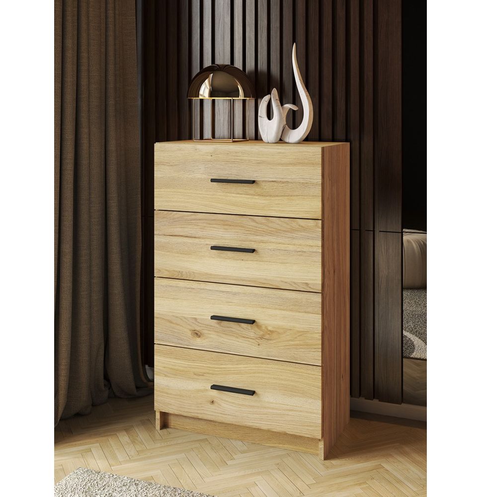 Sinfonier de 4 Cajones para Dormitorio, Acabado en Mauvella y Negro, Medidas: 60 cm (Largo) x 100 cm (Alto) x 34,4 cm (Fondo)