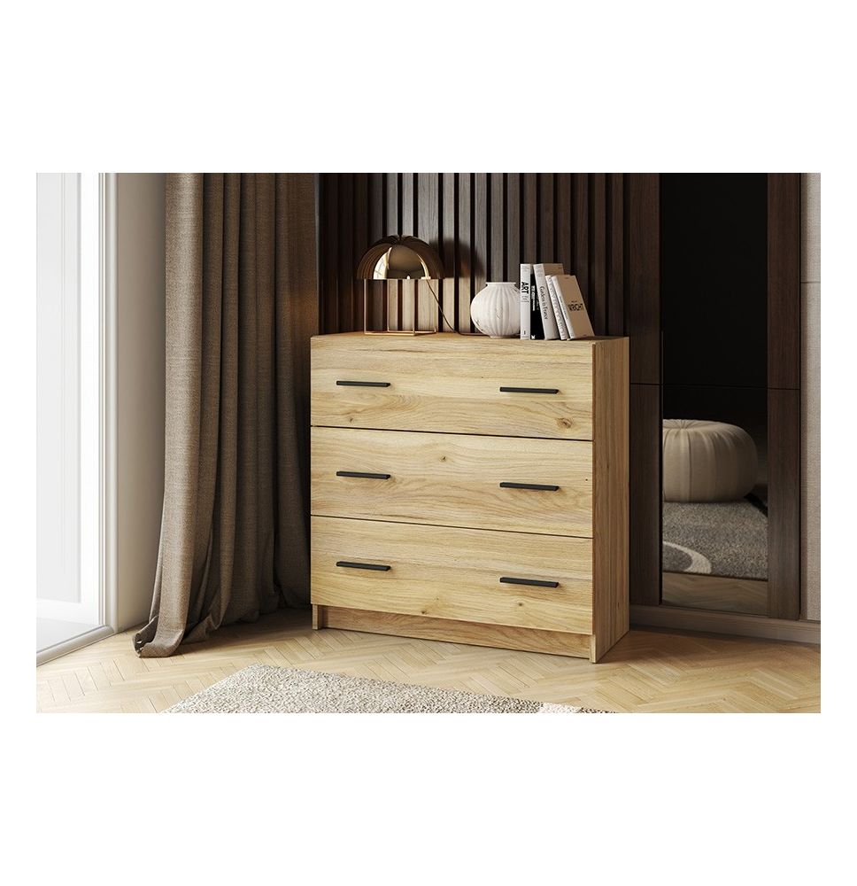 Cómoda de 3 Cajones para Dormitorio, Cajonera Dormitorio, Acabado en Mauvella y Negro, 80 cm (Lar) x 81 cm (Al) x 34,4 cm (Fon)